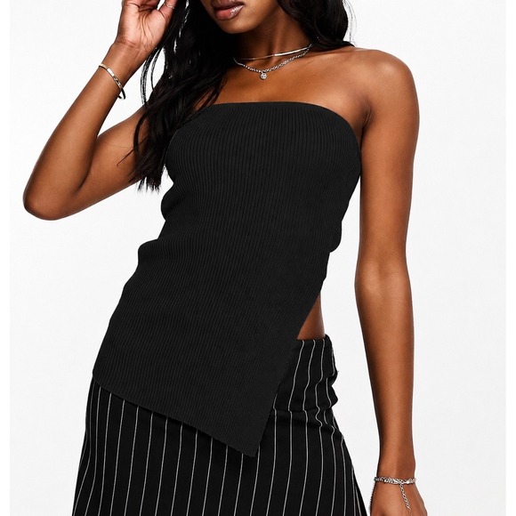 4th & Reckless Tops - 4th &‎ Reckless Black Ribbed Knit Tube Top Strapless High Side Slit Medium